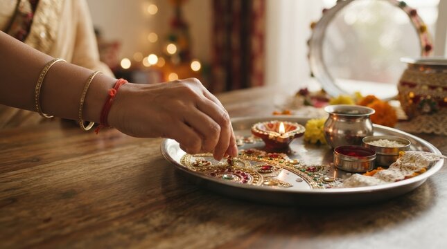 Indian Woman Performing Karwa Chauth Ritual with Puja Thali and Diya Lamp for Traditional Festival Celebration