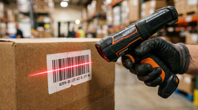 Worker using handheld barcode scanner on cardboard box in warehouse for inventory management and logistics.