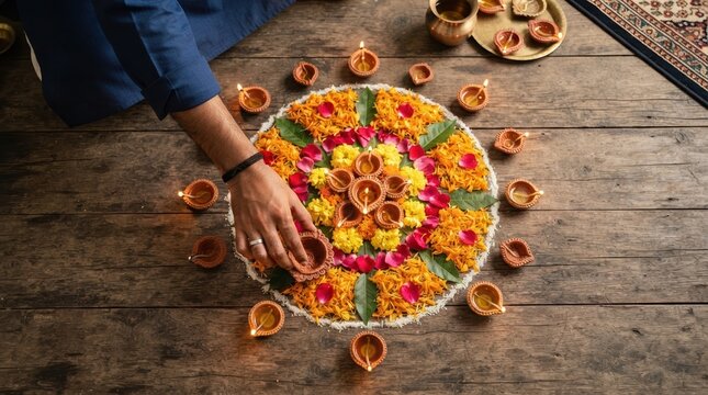 Indian man decorating floor with floral rangoli and lit clay diyas for traditional festival celebration