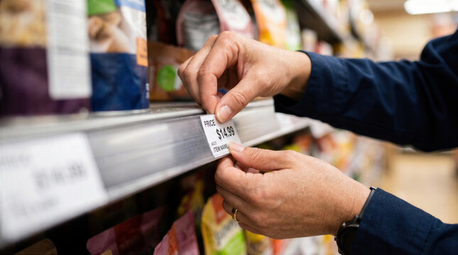 Close-up of a store employee's hands placing a price tag of $14.99 on a supermarket shelf, retail pricing and merchandising concept.