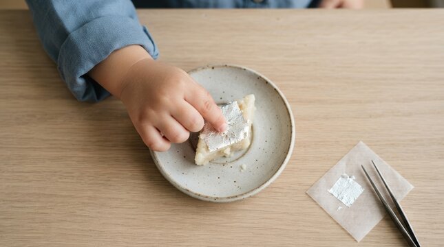 Toddler Hand Decorating Indian Kaju Katli Sweet with Edible Silver Leaf Vark for Festive Celebration