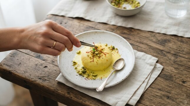 Hand Plating Traditional Indian Ras Malai Dessert with Saffron and Pistachios on Rustic Wooden Table