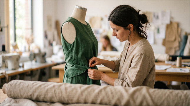 Fashion designer pinning a green linen dress on a mannequin in a bright sewing studio atelier