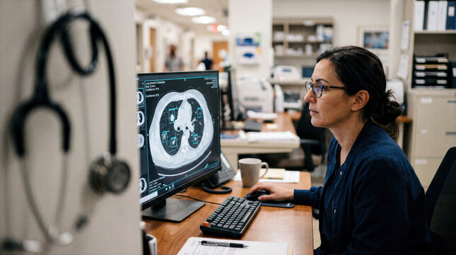 Female Radiologist Examining Chest CT Scan with AI Detection Software on Computer Monitor in Hospital Office
