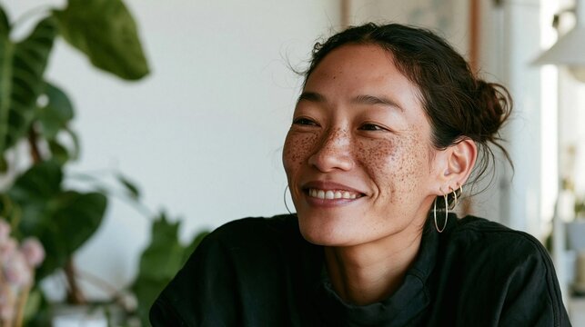 Close-up portrait of a young woman with freckles on her face. she is smiling and looking directly at the camera. she has dark hair tied up in a messy bun and is wearing a black top.