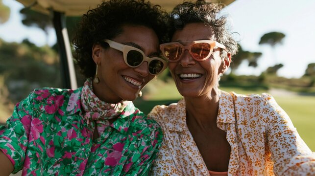 Two women sitting in a golf cart, smiling at the camera. they are both wearing sunglasses and appear to be happy and relaxed. the woman on the left is wearing a green floral blouse and has curly hair.