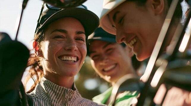 Three young women in a golf cart, all wearing hats and smiling at the camera.