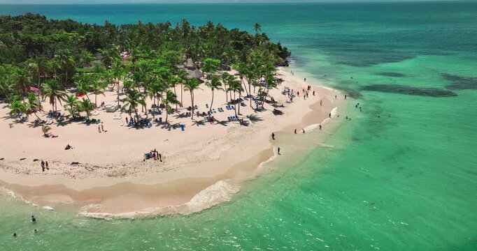 Caribbean island in the Sea Exotic Palm trees on the beach shore Bacardi Island Cayo Levantado Samana Bay Dominican Republic