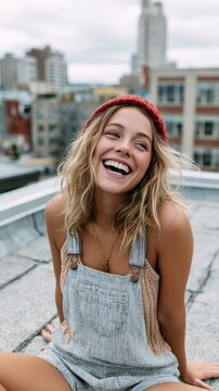 Young woman in denim overalls and red beanie laughing on a rooftop