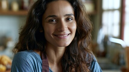 Fototapeta premium Smiling woman with dark wavy hair and an apron, looking directly at the camera