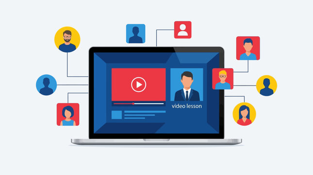 Online video lesson, e-learning platform, virtual classroom, and distance education concept with remote users connected by technology.