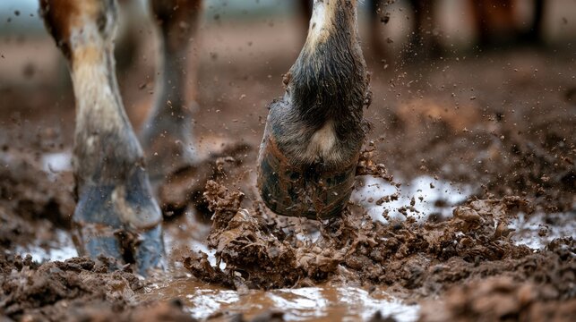 Close-up of horse hooves splashing through thick, wet mud and water