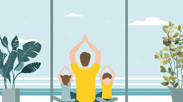 Father and two children meditating facing large window.