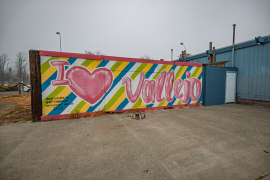 Vibrant street mural reading I Love Vallejo sign on February 7, 2026 in Vallejo, California 