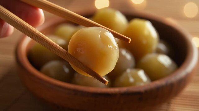 木製の箸が柔らかな梅干しを挟み器いっぱいの梅干しが大きくぼけて温かく広がる