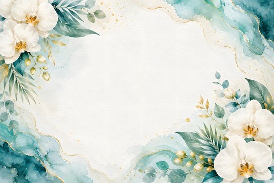 Elegant watercolor background with white orchids and teal foliage, featuring delicate gold foil accents and a soft artistic wash for wedding invitations