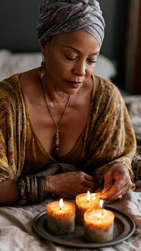 Mature woman lighting candles with a thoughtful expression, wearing a headscarf and jewelry