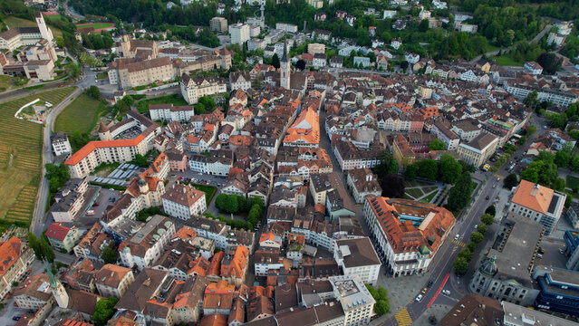 Aerial view of the city Chur in Switzerland on a sunny morning day in summer