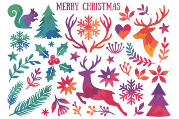 Merry Christmas colorful illustration with reindeer squirrel trees snowflakes and festive elements on white background © MadhobiRani