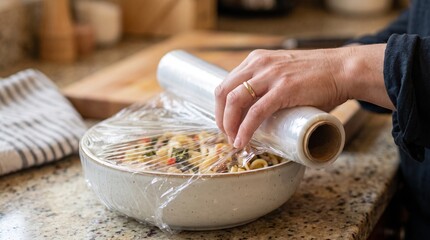 Fototapeta premium Person covering a bowl of pasta salad with plastic wrap in a kitchen setting