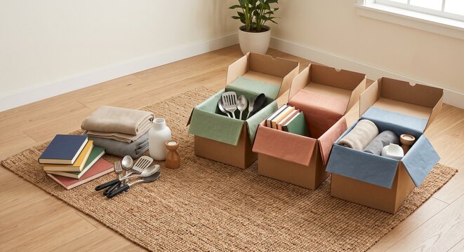 Moving Prep Decluttering Scene With Boxes, Rugs, Sorted Items