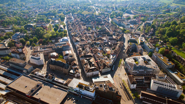 Aerial view of the city Winterthur in Switzerland on a sunny morning day in summer