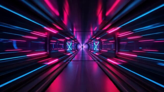 Flying through a futuristic sci-fi tunnel with glowing pink and blue neon lights
