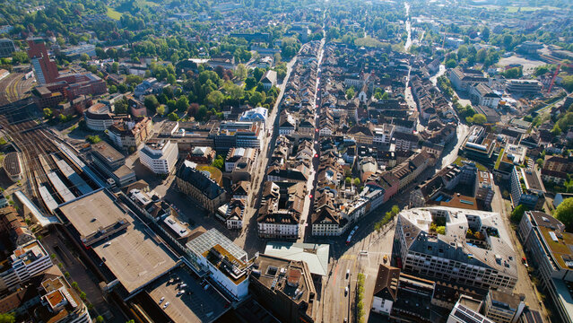Aerial view of the city Winterthur in Switzerland on a sunny morning day in summer