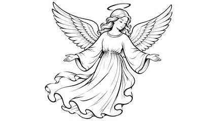 Obraz premium An ethereal angel with spread wings and a halo, depicted in a graceful line drawing. The angel wears a flowing robe and has an aura of peace and divine presence