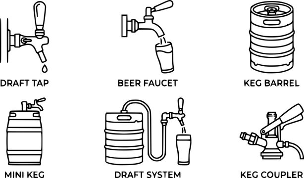 beer Equipment Icons. Outline icon set of beer taps and kegs: draft tap, beer faucet, keg barrel, mini keg
