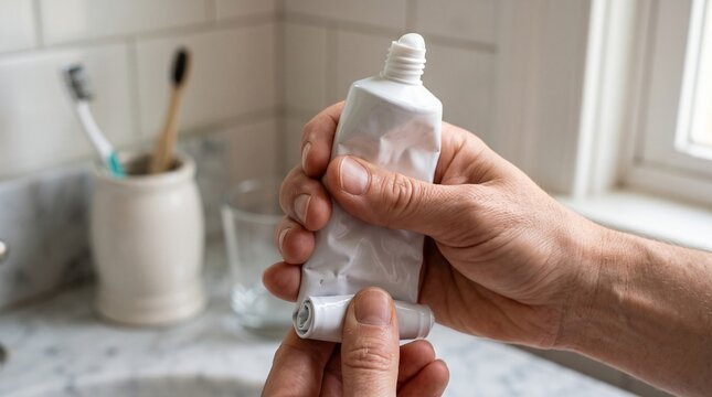Person squeezing toothpaste tube to get the last bit out for dental hygiene