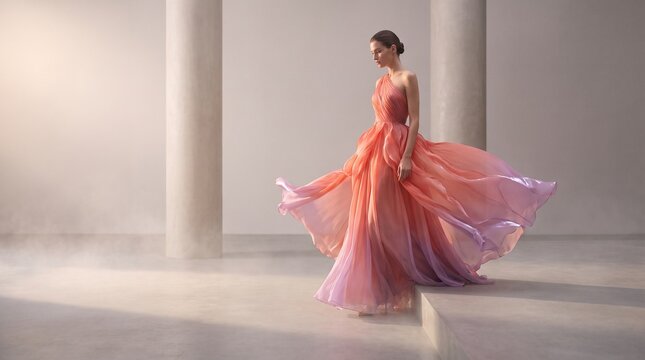 Coral Lilac Liquid Petal Couture Model On Sculptural Set