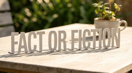 Fototapeta premium Wooden letters spelling fact or fiction on outdoor table with coffee.