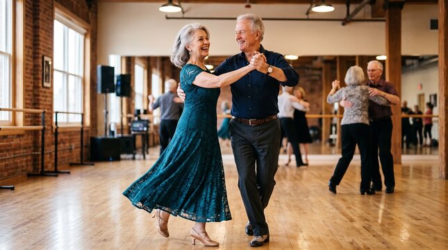 Happy senior couple dancing together in a dance studio with other couples