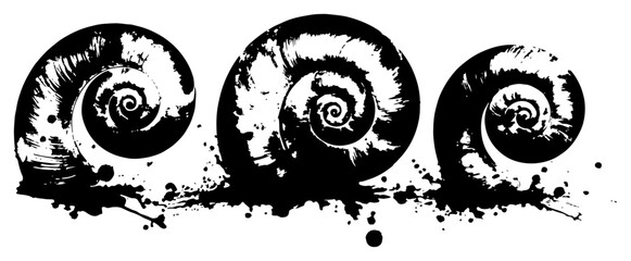 Three Ancient Ammonite Fossils with Grunge Ink Splatters, Artistic Spiral Sea Shell Silhouettes, Prehistoric Nature Art Vector Illustration © Luka