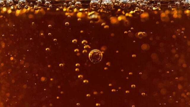 Sparse cola soda bubbles move up and down in a loop over time with interesting patterns and movement in background