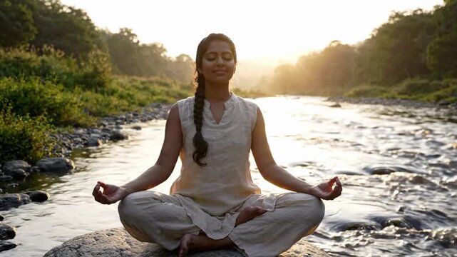 Person sits on stone by river and practices meditation at sunset in the evening