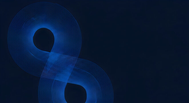 Abstract blue neon light trails forming a perfect infinity loop shape set against a dark deep navy blue background texture