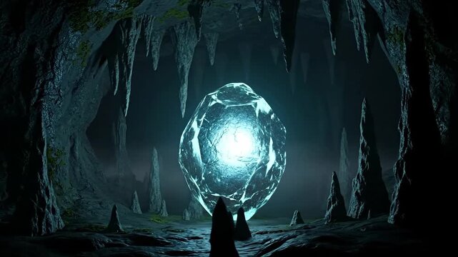 A glowing crystal in a dark cave, surrounded by stalactites and rock formations.