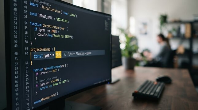 Software Developer Coding JavaScript on Computer Monitor in Modern Office Workspace for Future Project Planning