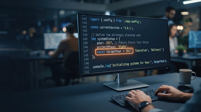 Software Developer Coding JavaScript on Computer Screen in Dark Modern Office at Night for Tech Project Planning