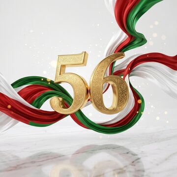 Golden number 56 with flowing silk ribbons, elegant 56th anniversary celebration background, luxury 3D gold numeric fifty-six on marble surface