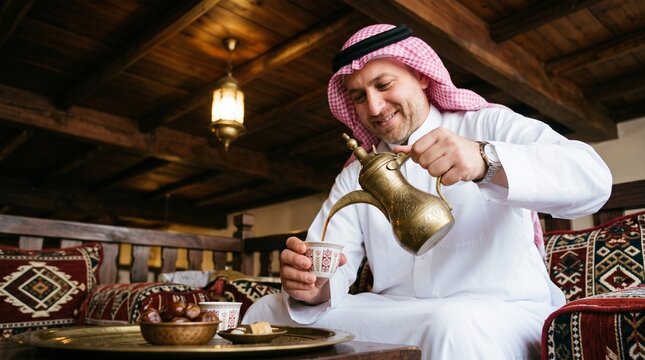 Traditional Arabic hospitality, smiling man in thobe pouring coffee from a dallah, middle eastern cultural heritage and welcoming guest concept