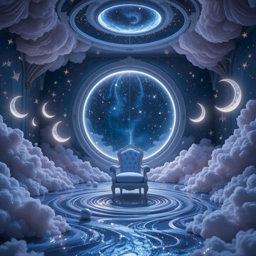luxury armchair inside fantasy night room surrounded by fluffy clouds and crescent moons with starry galaxy window illustration