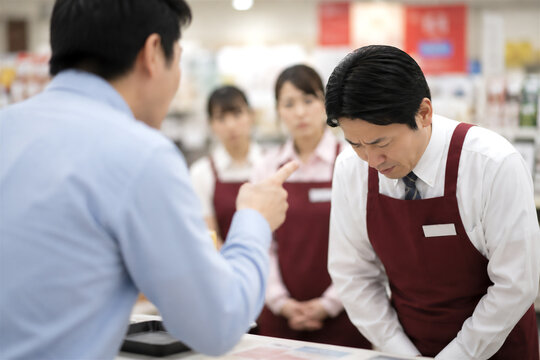店舗責任者が謝罪するカスタマーハラスメント（カスハラ）のイメージ