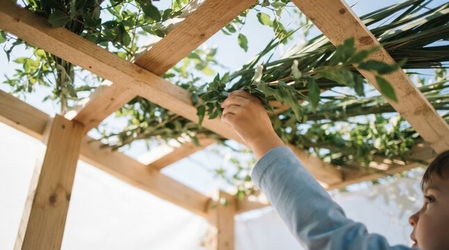 Young boy building a traditional sukkah hut with palm branches for the Jewish holiday of Sukkot celebration