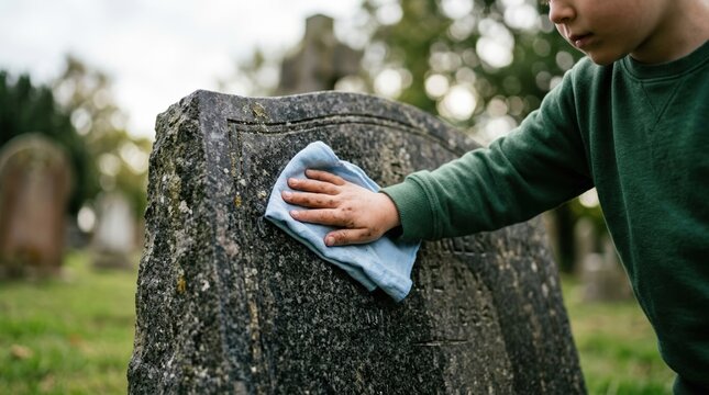 Young boy cleaning a gravestone in a cemetery, paying respects to ancestors, concept of remembrance and family heritage