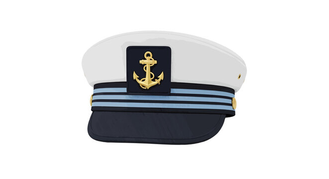 Vector illustration of white captains hat with gold anchor emblem and blue stripes on a transparent background