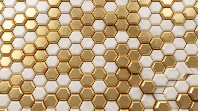 3D render of a geometric honeycomb background with white marble and gold hexagonal tiles