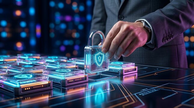 IT professional placing a digital shield block onto a secure server grid representing advanced network data protection.